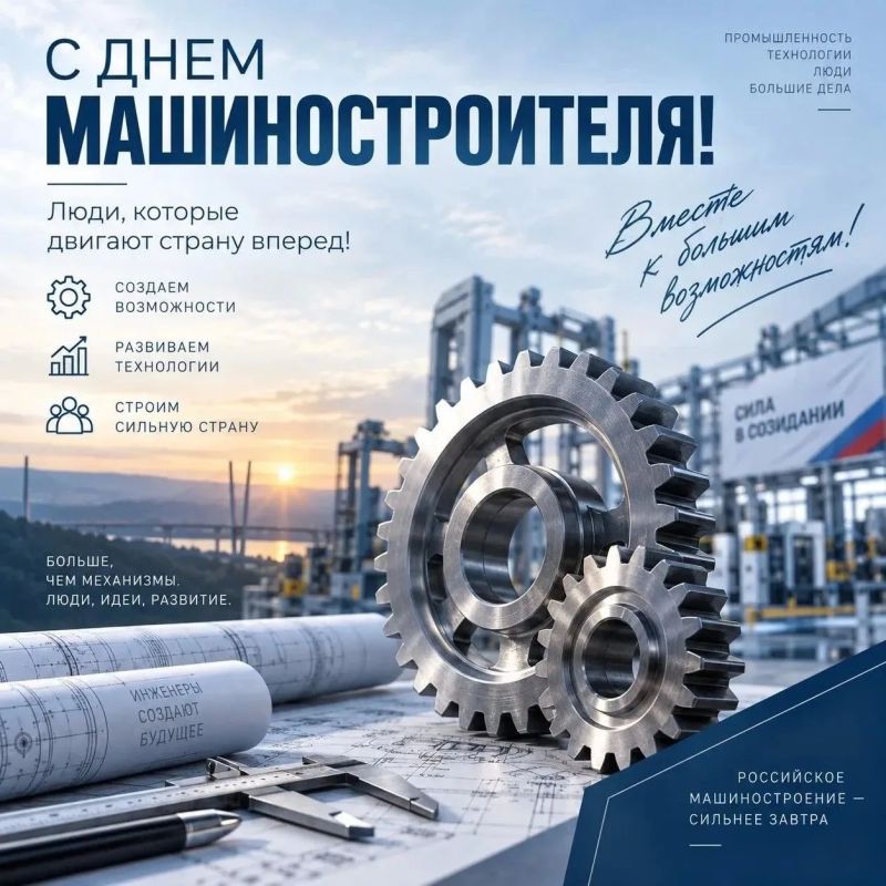 С Днем машиностроителя!. Уважаемые работники и ветераны машиностроительной отрасли поздравляем вас с профессиональным праздником! Машиностроение — это фундамент экономики и гордость нашей страны