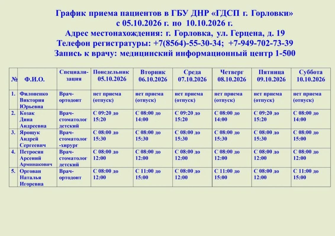 Иван Приходько: График работы специалистов ГБУ ДНР «ГДСП г.Горловки», ГБУ ДНР «Городской наркологический диспансер г. Горловки», ГБУ ДНР «ГПБ г. Горловки», ГБУ ДНР «ГПТД г.Горловки», филиал ГБУ ДНР «Республиканский...
